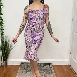 Y2K Divina Floral Print Ruffle Trim Cami Maxi Dress Sleeveless Size 6 Purple